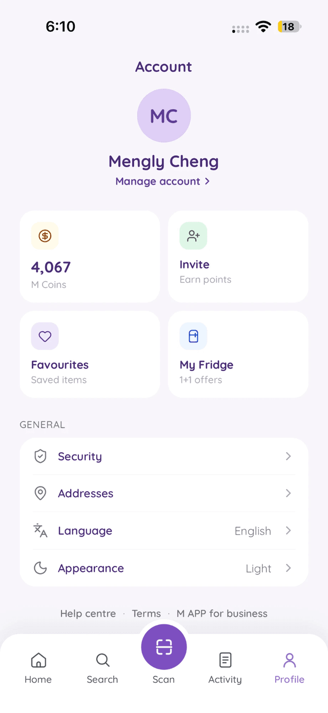 The Account screen with M Coins, Invite, Favourites and My Fridge