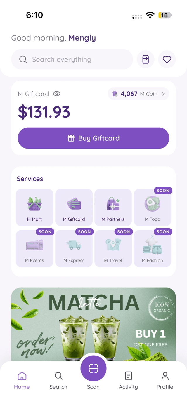 The MSuper Home screen with the M Giftcard balance and services